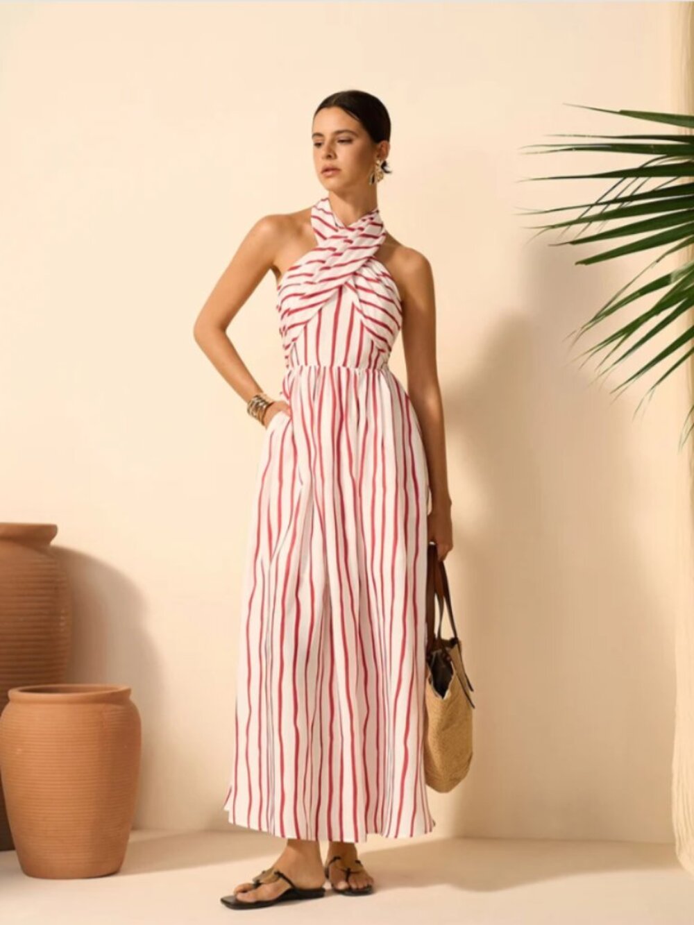 Commense Striped Twist Halter Dress - L